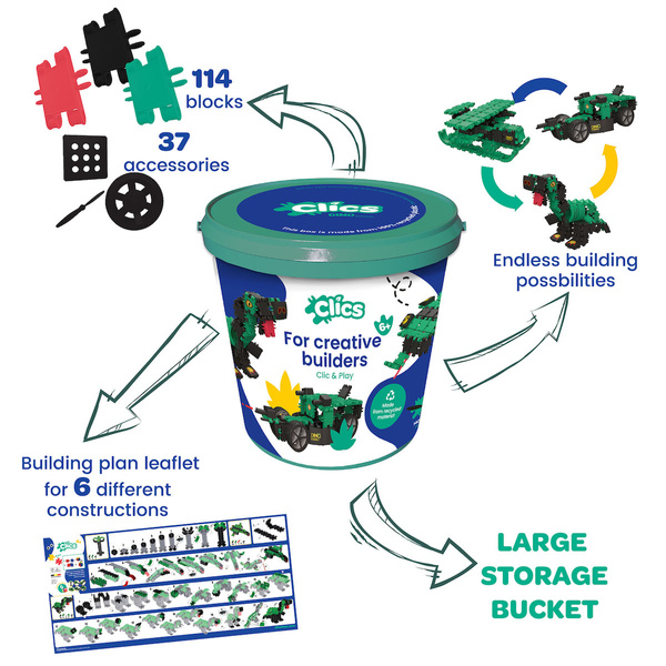 Clics Bucket 6in1 141 el. - Building Blocks - Dinosaurs