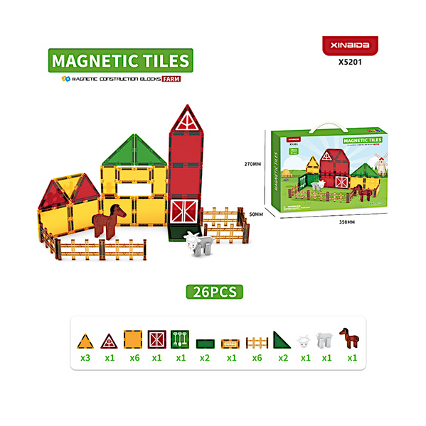 Farm Magnetic Tiles Set 26 pcs with Animals – X-Bida 3+