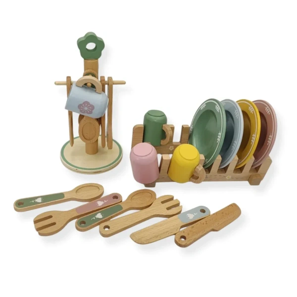 Wooden Kitchen Dishes with Drying Rack 16 pcs – Kabi 3+
